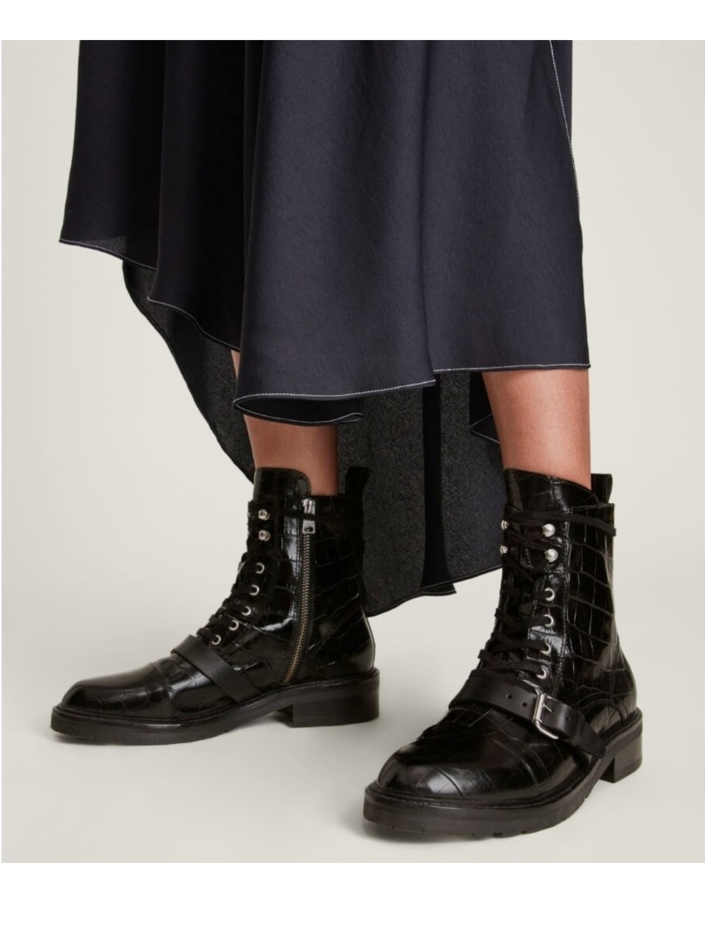 ALL SAINTS Donita Black Croc Embossed Leather Combat Boot Buckle Moto 39